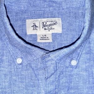 Original Penguin Linen Blend Button-Down Shirt Blue Chambray L Casual ResortWear